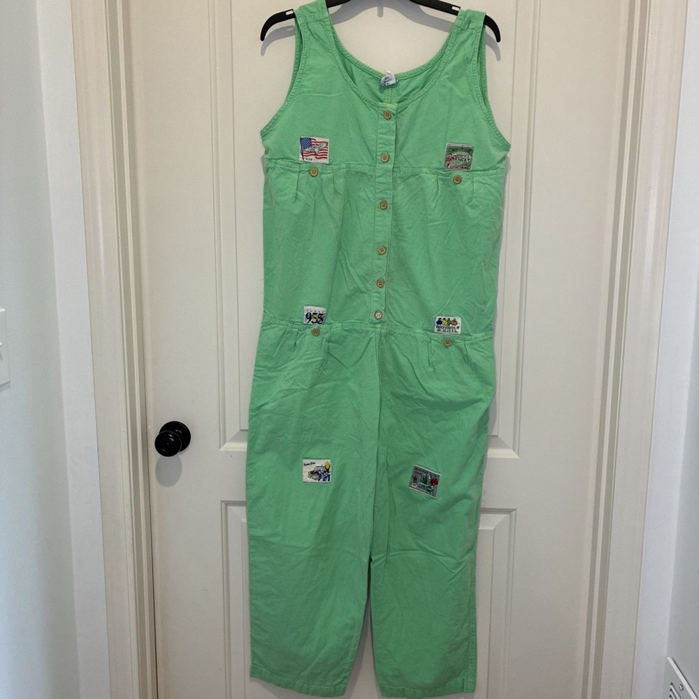 Vintage Tehmina Women Mint Green Cotton Novelty Patch Sleeveless Jumpsuit Small